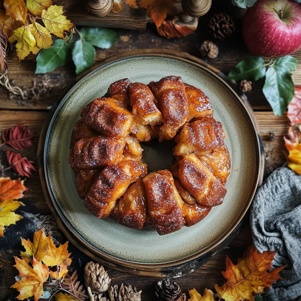 How To Make Apple Cinnamon Monkey Bread That Everyone Will Love A plate of apple cinnamon monkey bread surrounded by autumn decor, including pumpkins and fall leaves.