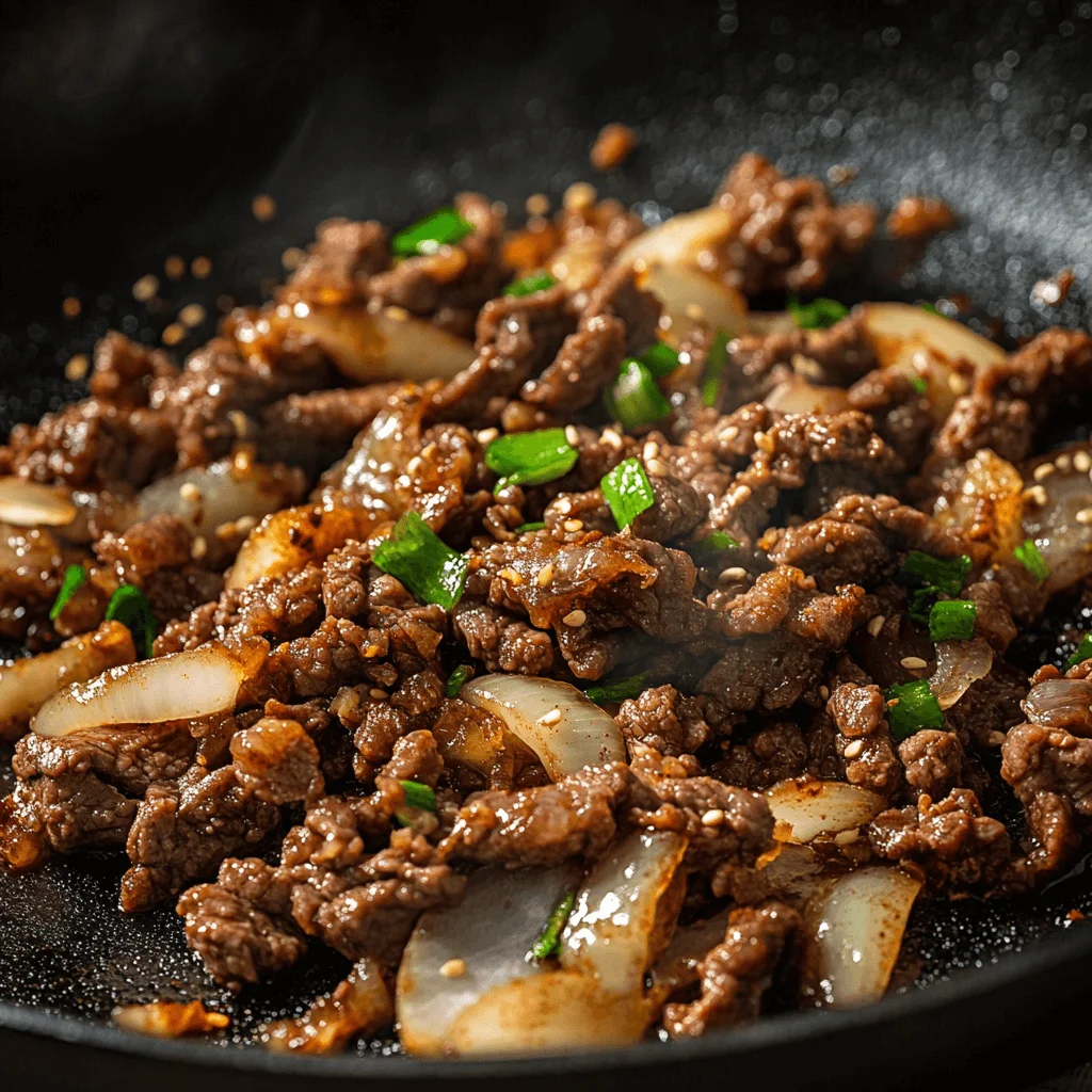 How To Make Ground Beef Bulgogi: The Best Recipe For Flavorful Meals Ground beef bulgogi being cooked in a skillet, sizzling with onions, garlic, and spices, showing the juicy texture of the beef.