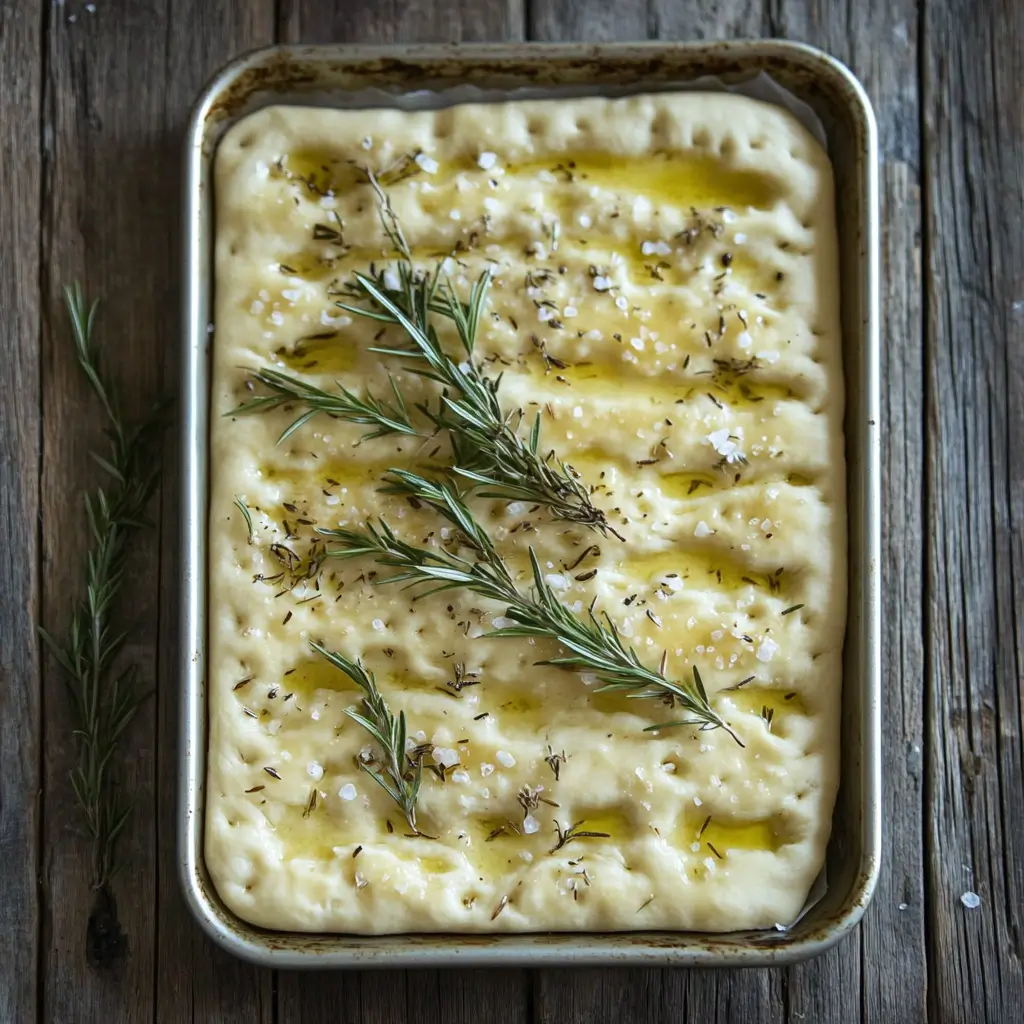 How To Make Perfect Focaccia Bread In A Bread Machine A baking tray with focaccia dough spread out, topped with olive oil, and pressed with dimples.