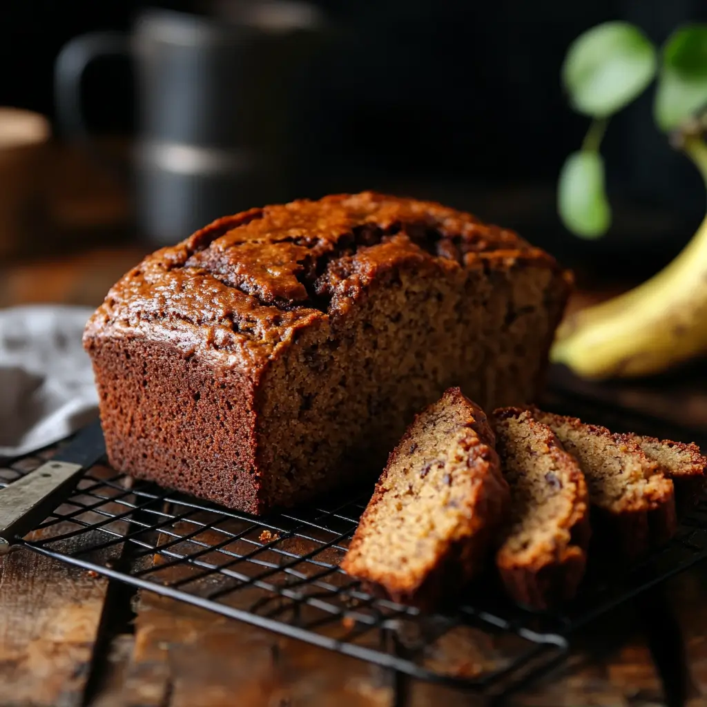 The Best Easy Banana Bread Recipe You’ll Ever Bake A freshly baked banana bread loaf cooling on a wire rack, with a knife and a few slices cut to show the moist texture inside.