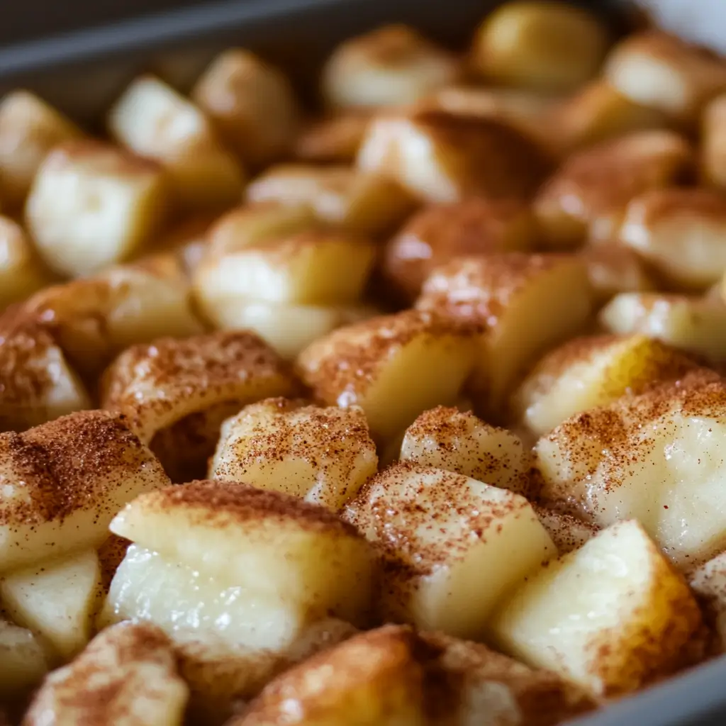 How To Make Apple Cinnamon Monkey Bread That Everyone Will Love A close-up of dough pieces and apple slices being layered with cinnamon-sugar in a baking pan.