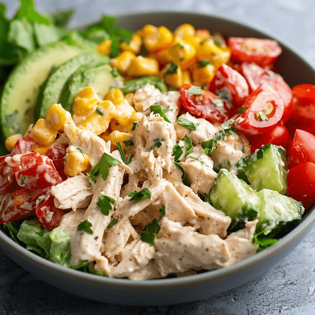 Amazing Leftover Rotisserie Chicken Recipes to Save Time & Money A plate of creamy chicken salad with lettuce, tomatoes, and a fork on the side.