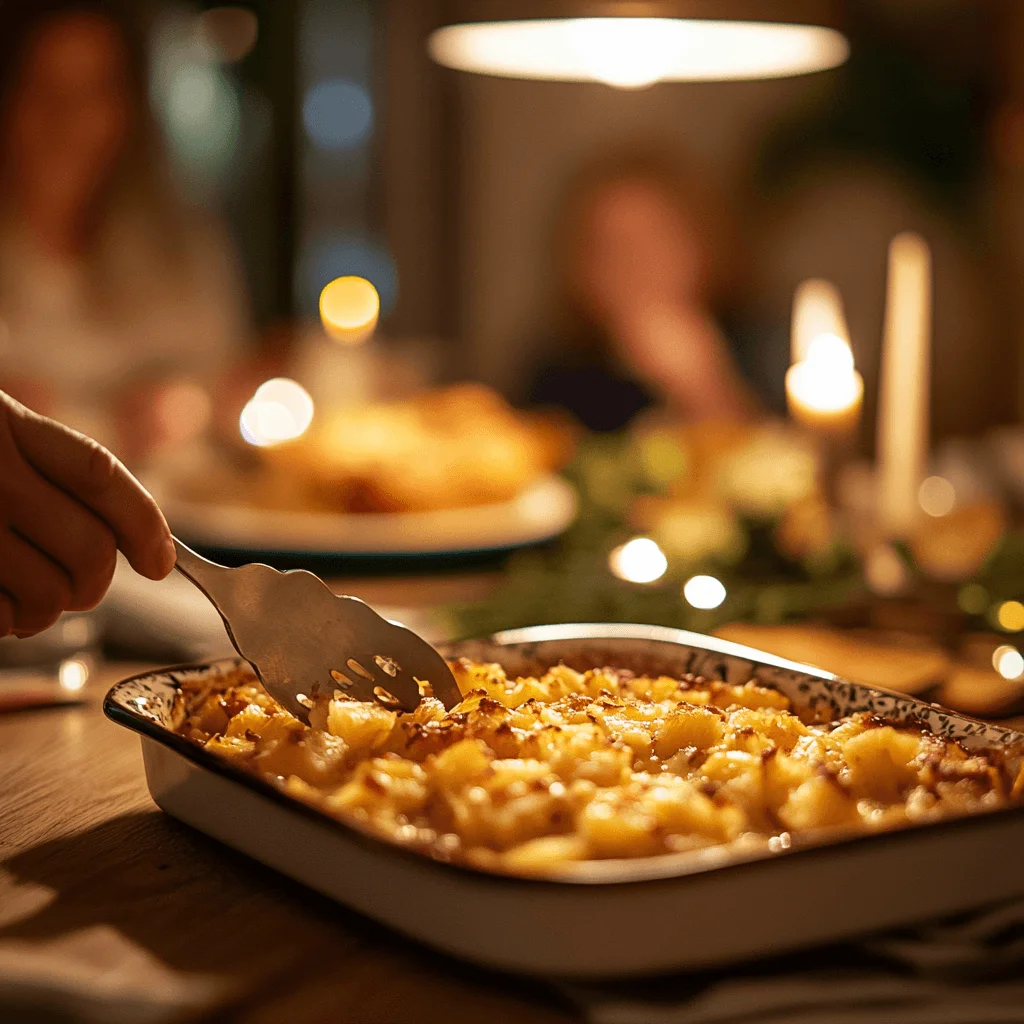 How to Make the Best Pineapple Casserole Recipe for Any Occasion A beautifully plated pineapple casserole served on a dinner table with family in the background.