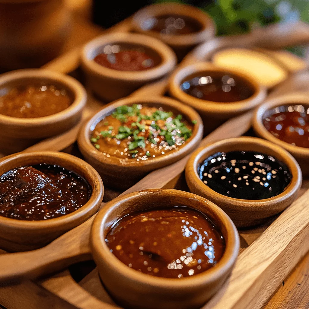 How To Make The Best Beef Back Ribs Recipe For Your Next BBQ A BBQ sauce station with various sauces in small bowls for dipping beef ribs.