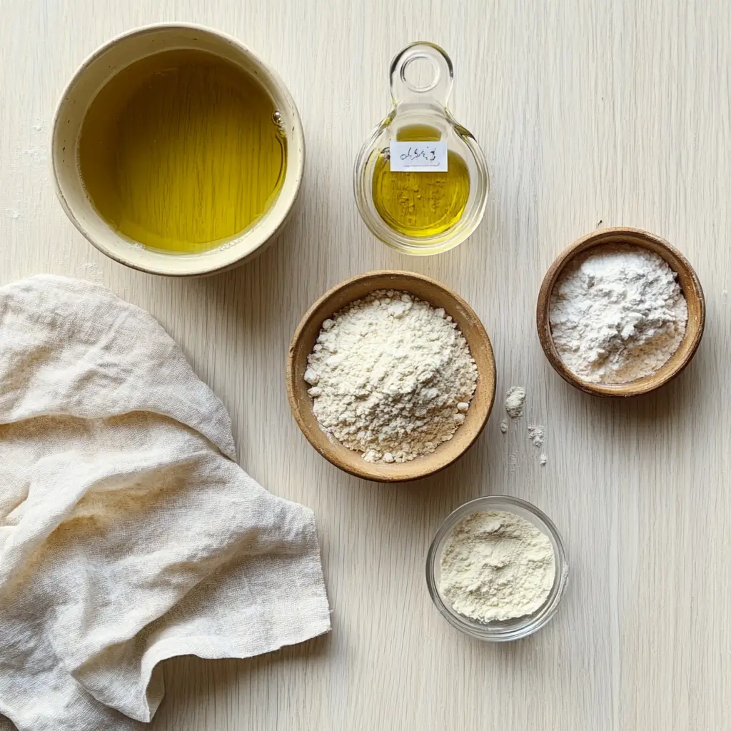 How To Make Perfect Focaccia Bread In A Bread Machine A flat-lay view of flour, olive oil, yeast, sugar, salt, and water arranged on a kitchen countertop