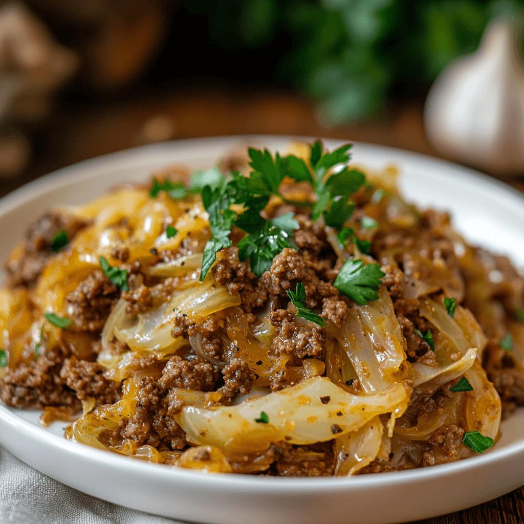What Makes This Ground Beef Cabbage Recipe So Special? Find Out A beautifully plated serving of ground beef cabbage recipe garnished with herbs, ready to be enjoyed for dinner.