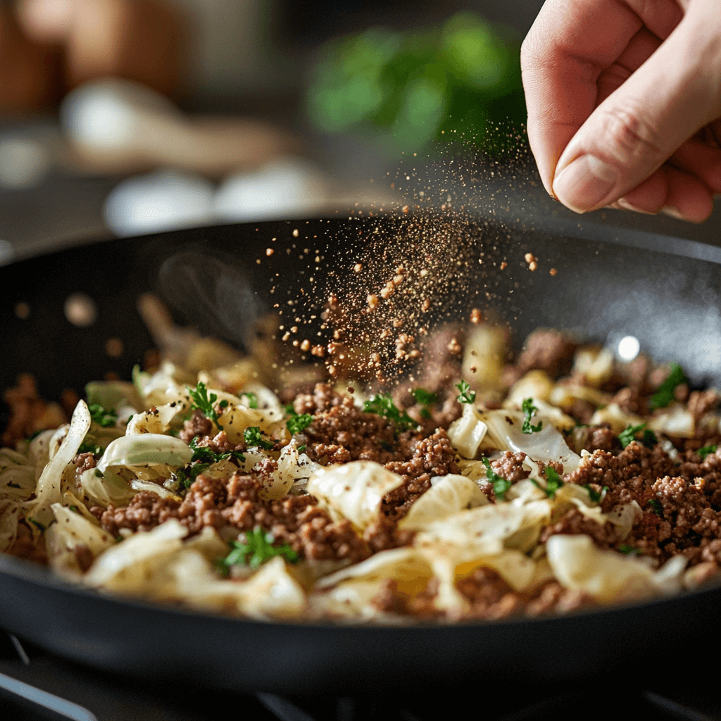 What Makes This Ground Beef Cabbage Recipe So Special? Find Out Close-up shot of a hand sprinkling seasoning into the ground beef and cabbage mix, enhancing the flavor of the dish.