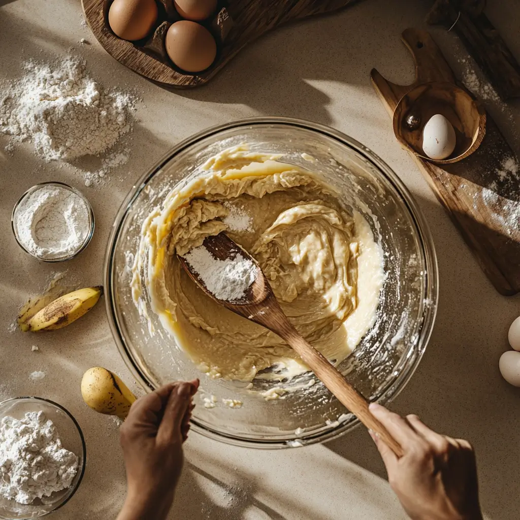 The Best Easy Banana Bread Recipe You’ll Ever Bake A person mixing banana bread batter in a large glass bowl with a wooden spoon, surrounded by ingredients like eggs, flour, and sugar on the counter.