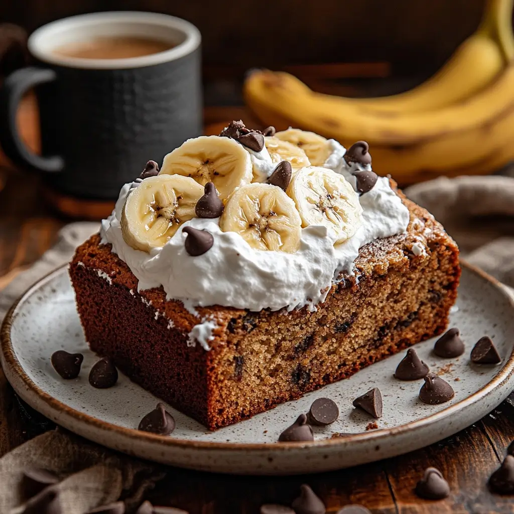 The Best Easy Banana Bread Recipe You’ll Ever Bake A serving of banana bread topped with whipped cream and sliced bananas, with a small bowl of chocolate chips and a cup of coffee in the background.