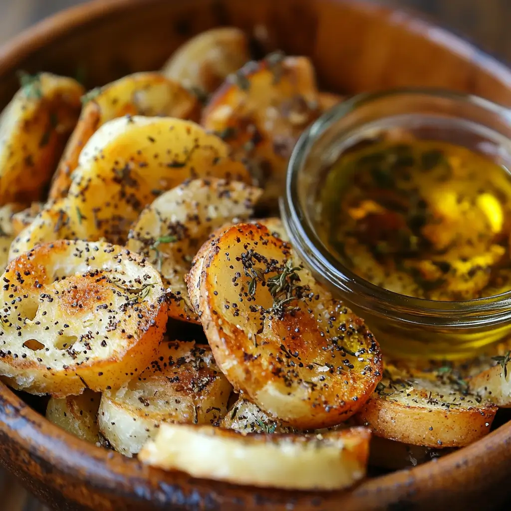 How To Make Bagel Chips At Home: Crispy & Irresistible! Olive oil, salt, garlic powder, and other spices on a small plate next to a bowl of sliced bagels.