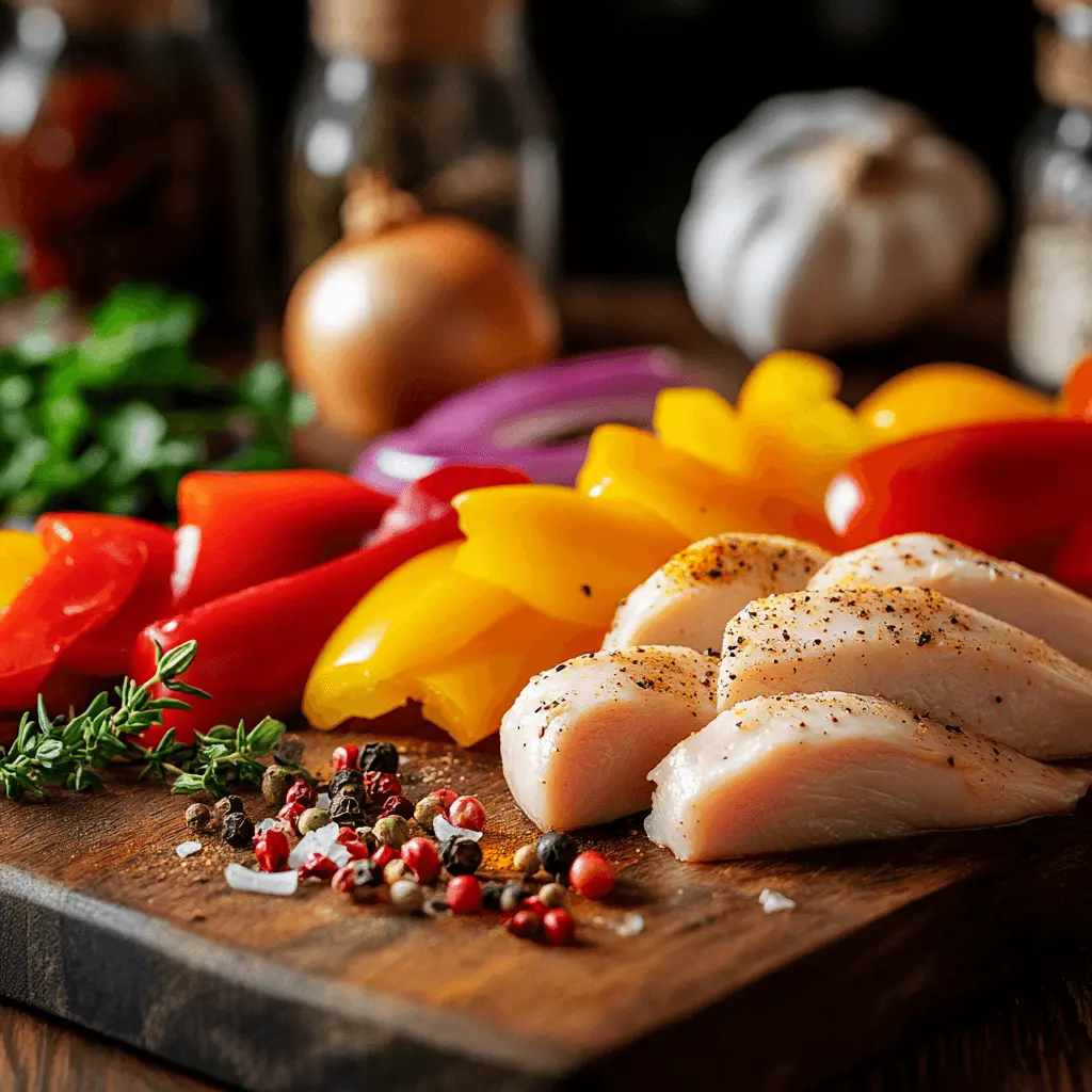 Quick & Tasty: The Best Chicken Casserole Recipe For Every Occasion A close-up of fresh vegetables, chicken breasts, and spices laid out on a wooden cutting board, ready to make chicken casserole.
