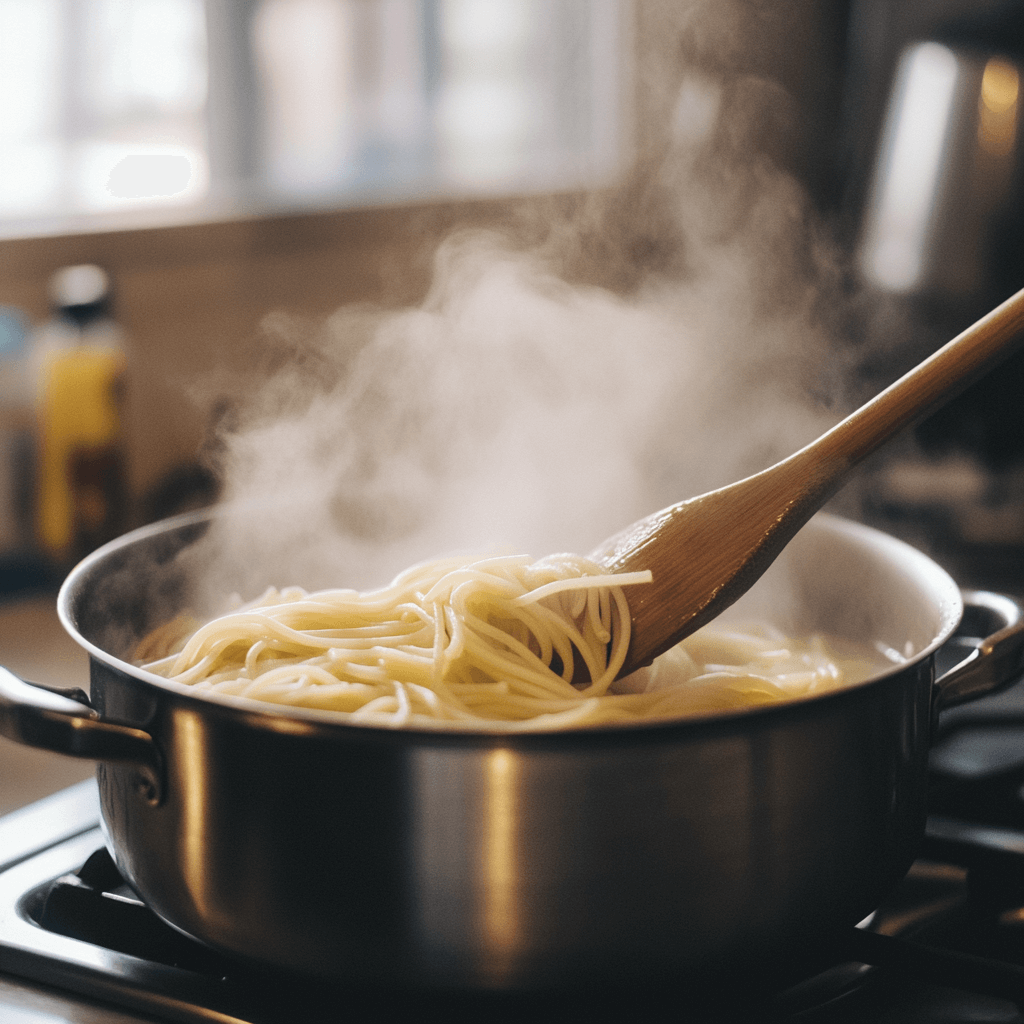 How To Make Delicious Capellini Cakes: A Step-by-Step Recipe Guide A pot of boiling water with capellini pasta being stirred, with steam rising in a home kitchen setting