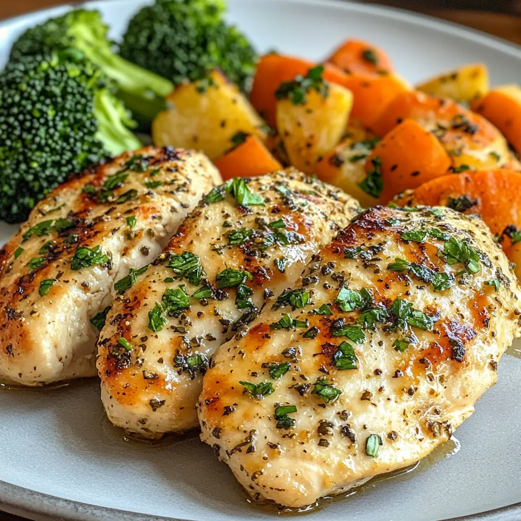 How To Make Perfect Baked Ranch Chicken: Simple & Delicious A plate with baked ranch chicken, garnished with fresh herbs, and a side of vegetables.