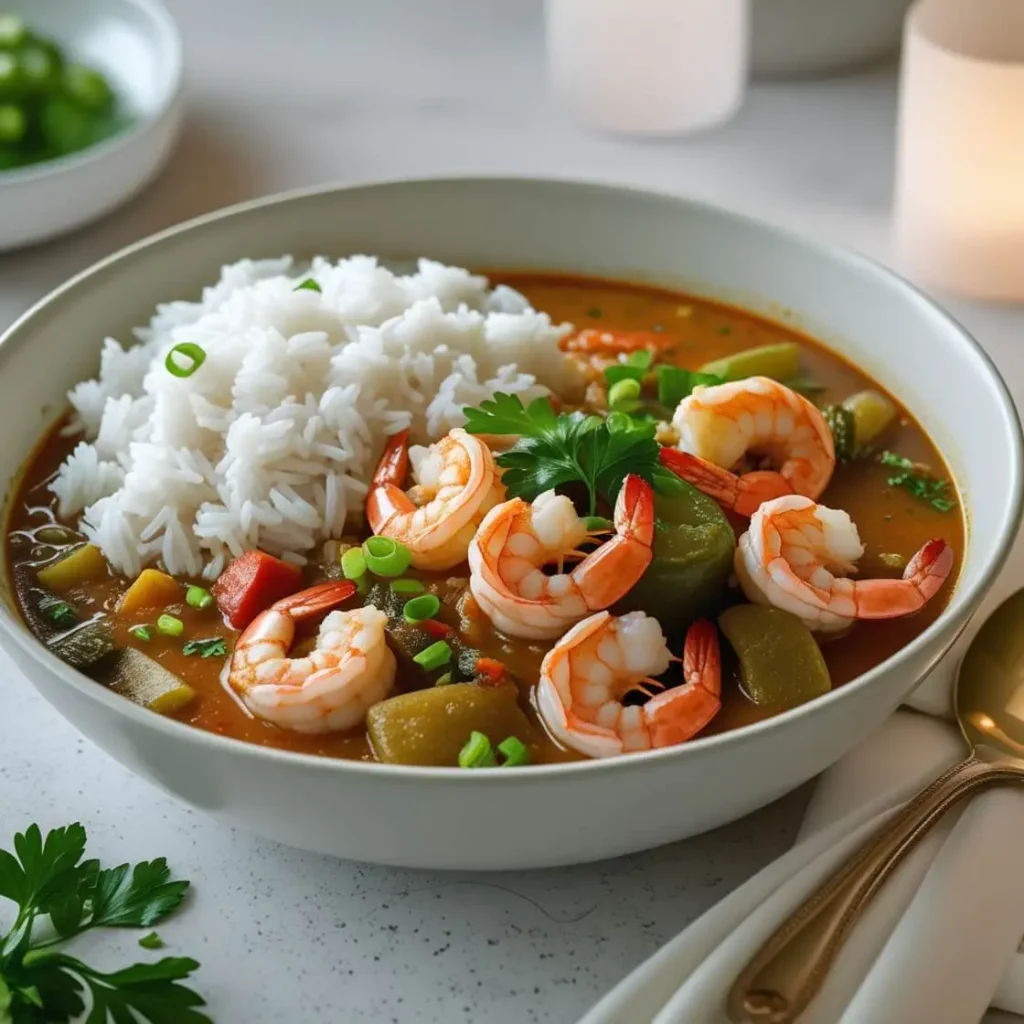 The Best Shrimp Stew Recipe You'll Ever Taste! A bowl of shrimp stew served with fluffy white rice, garnished with green onions and parsley.