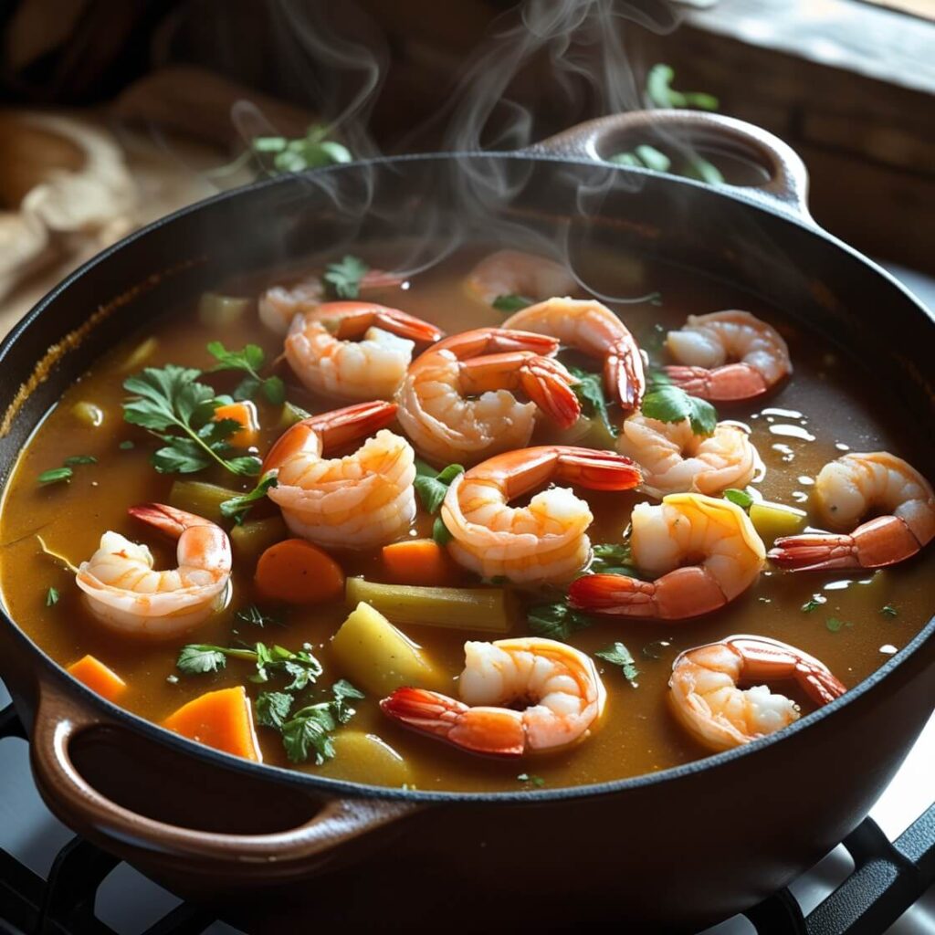 The Best Shrimp Stew Recipe You'll Ever Taste! A Dutch oven filled with shrimp stew, simmering with vegetables and shrimp visible