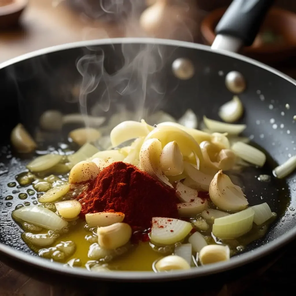 The Best Shrimp Stew Recipe You'll Ever Taste! A close-up of a frying pan with garlic, onions, and spices sautéing in olive oil