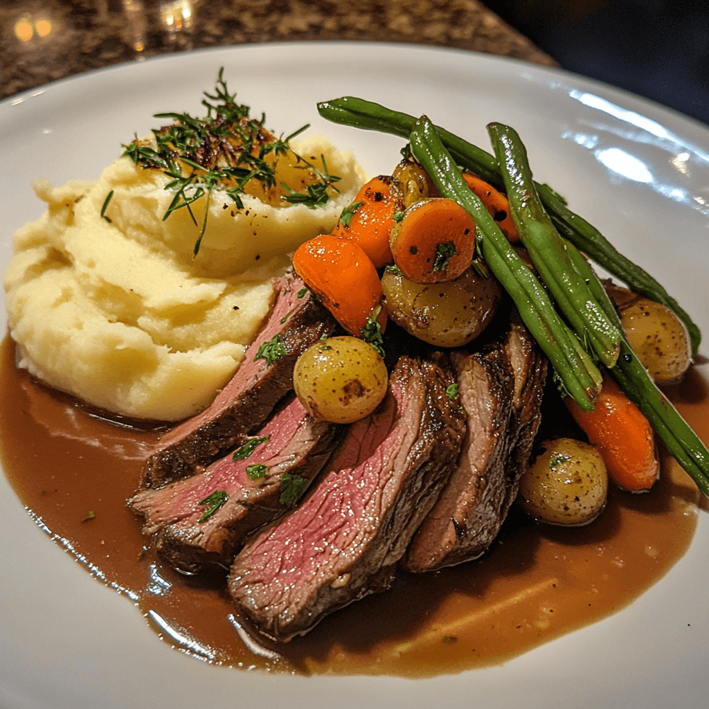 Simple Deer Roast Recipe: 3 Techniques You Need to Try A beautifully plated meal with deer roast, mashed potatoes, and sautéed vegetables on a white plate.