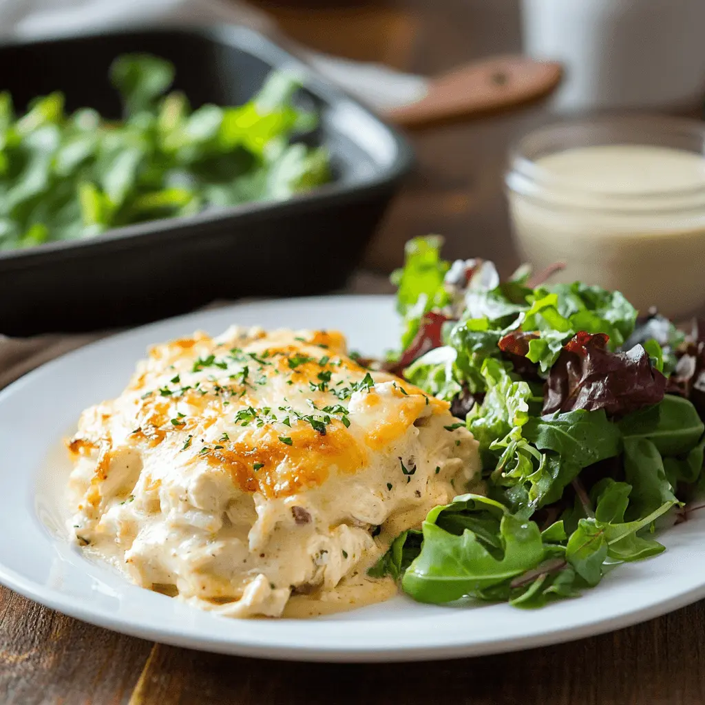 How to Make the Best Million Dollar Chicken Casserole at Home A plated serving of million dollar chicken casserole, served alongside a fresh green salad with dressing.