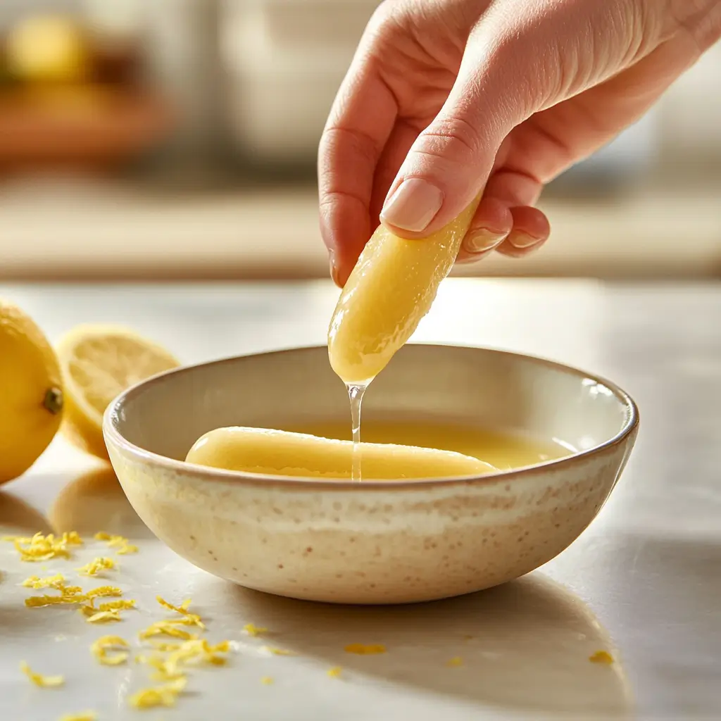 How To Make Lemon Tiramisu: The Perfect No-Bake Summer Treat A hand dipping a ladyfinger into a shallow bowl of lemon syrup for lemon tiramisu.