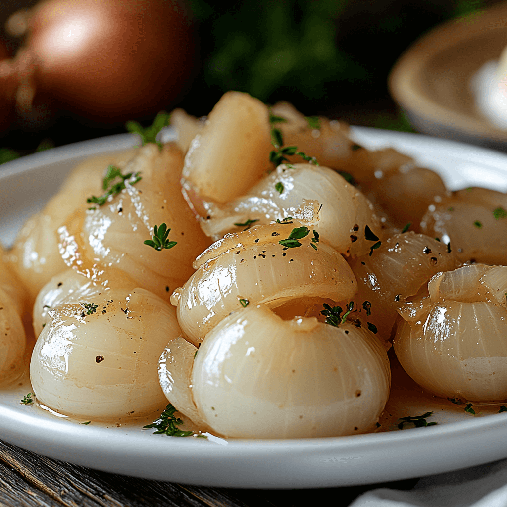 How To Make A Perfect Onion Boil A plate of boiled onions served with a garnish of fresh herbs, ready to be enjoyed.