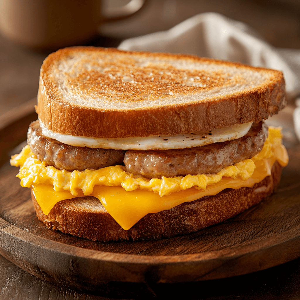 Make Mornings Better with a Delicious Jimmy Dean Breakfast Sandwich A golden, freshly baked Jimmy Dean breakfast sandwich with melted cheese, sausage, and eggs, ready to be served.