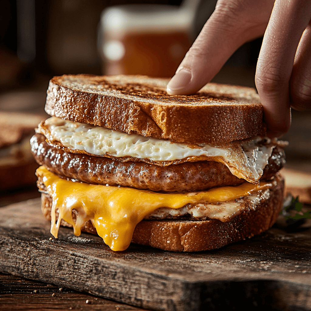 Make Mornings Better with a Delicious Jimmy Dean Breakfast Sandwich A hand assembling a Jimmy Dean breakfast sandwich with sausage, eggs, cheese, and bread.