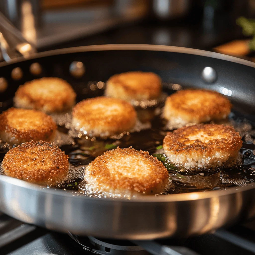 How To Make Delicious Capellini Cakes: A Step-by-Step Recipe Guide Capellini cakes being pan-fried in olive oil on a stovetop, showing a golden crust forming