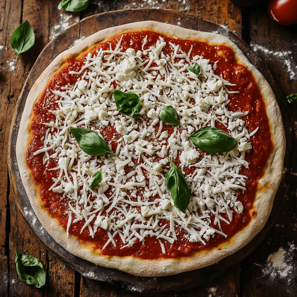 How to Make the Perfect Pizza Pie from Scratch A pizza being assembled with tomato sauce, mozzarella cheese, and fresh basil on a round pizza crust.
