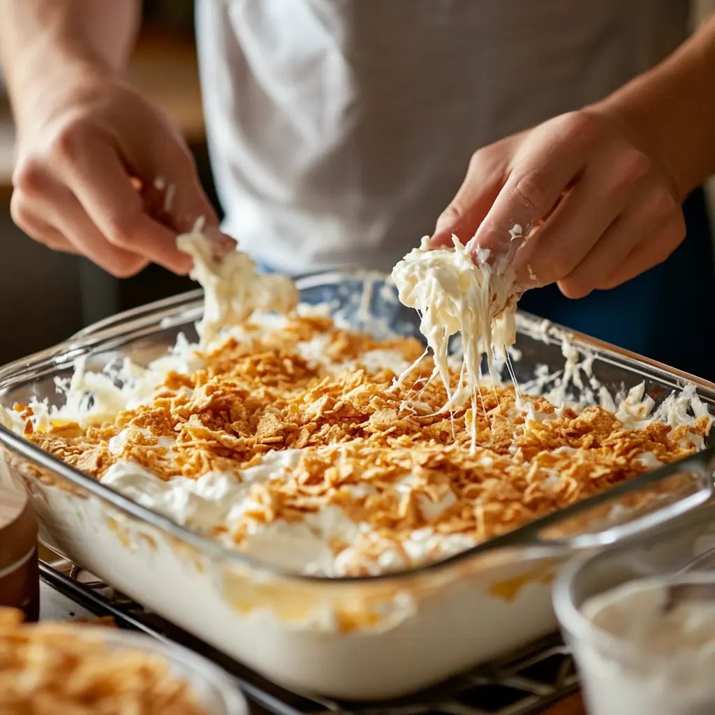How to Make the Best Million Dollar Chicken Casserole at Home A person layering ingredients into a baking dish for a million dollar chicken casserole, with creamy filling and shredded cheese.