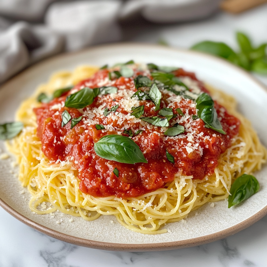 Capellini Cooking 101: Everything You Need to Know A plate of capellini pasta topped with a simple homemade marinara tomato sauce, fresh basil, and a sprinkle of parmesan cheese