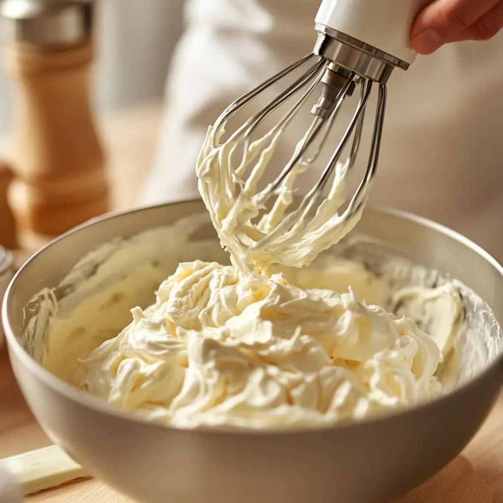 How To Make Lemon Tiramisu: The Perfect No-Bake Summer Treat A hand using a hand mixer to whip mascarpone and cream in a large bowl for lemon tiramisu.