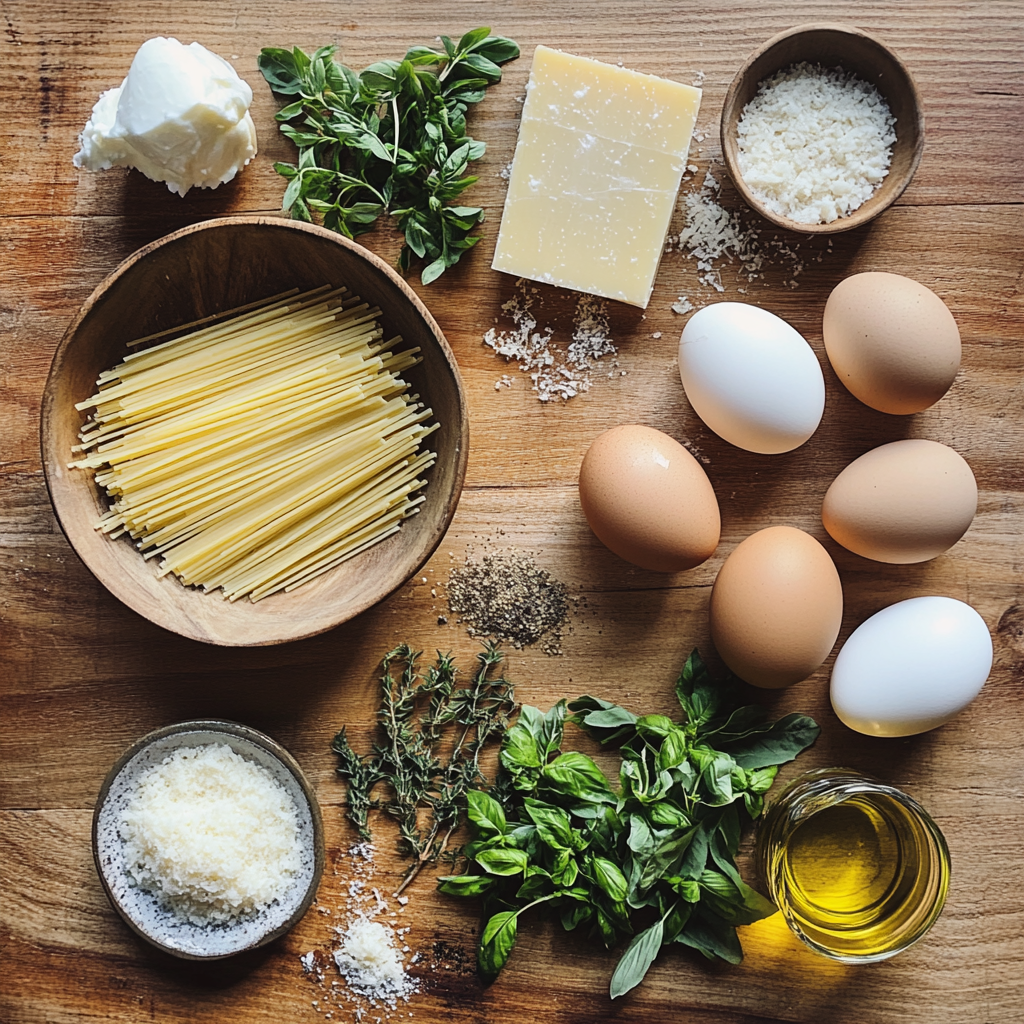 How To Make Delicious Capellini Cakes: A Step-by-Step Recipe Guide A flat-lay image of ingredients for Capellini cakes, including uncooked capellini pasta, eggs, Parmesan cheese, fresh herbs, mozzarella, olive oil, and seasonings.