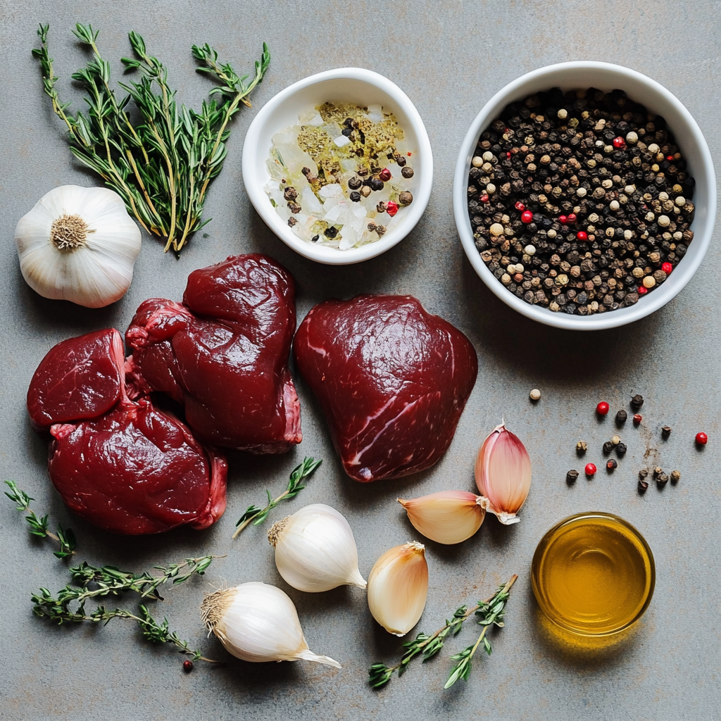 Unleash Bold Flavors with This Amazing Beef Heart Recipe A spread of fresh ingredients like beef heart, garlic, onions, spices, and herbs ready for cooking.