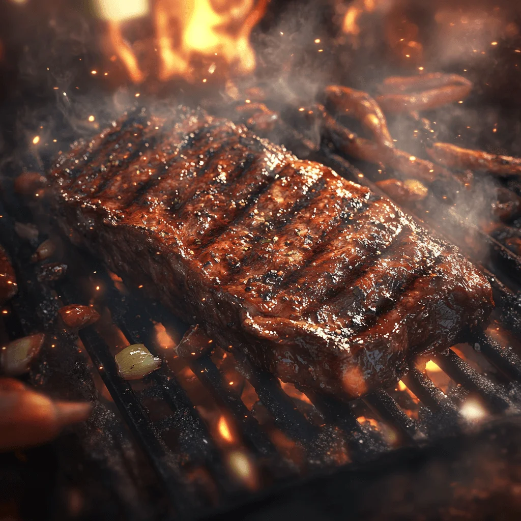 What Makes This Chipotle Steak Recipe So Irresistible? Find Out Now! Chipotle-marinated steak sizzling on a barbecue grill, with smoky flames and grill marks
