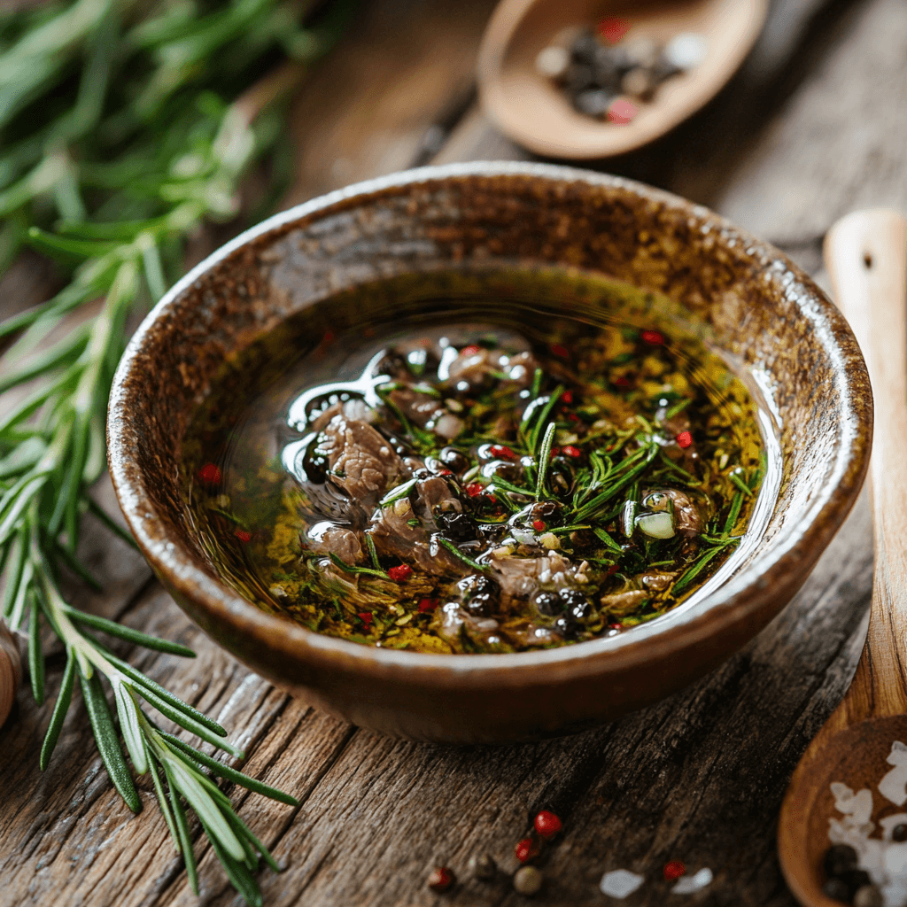 Simple Deer Roast Recipe: 3 Techniques You Need to Try A bowl of venison marinade made of garlic, rosemary, olive oil, salt, and black pepper next to fresh rosemary sprigs.