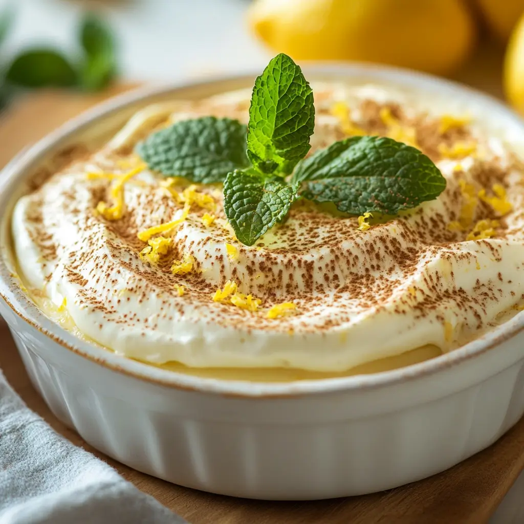 How To Make Lemon Tiramisu: The Perfect No-Bake Summer Treat A lemon tiramisu topped with fresh mint leaves and lemon zest, ready to serve.