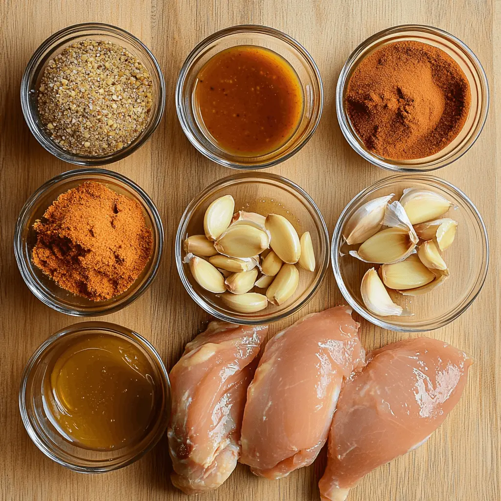 The Ultimate Alice Springs Chicken Recipe For A Family Feast A variety of ingredients for the Alice Springs chicken marinade, including honey, mustard, garlic powder, and chicken breasts.