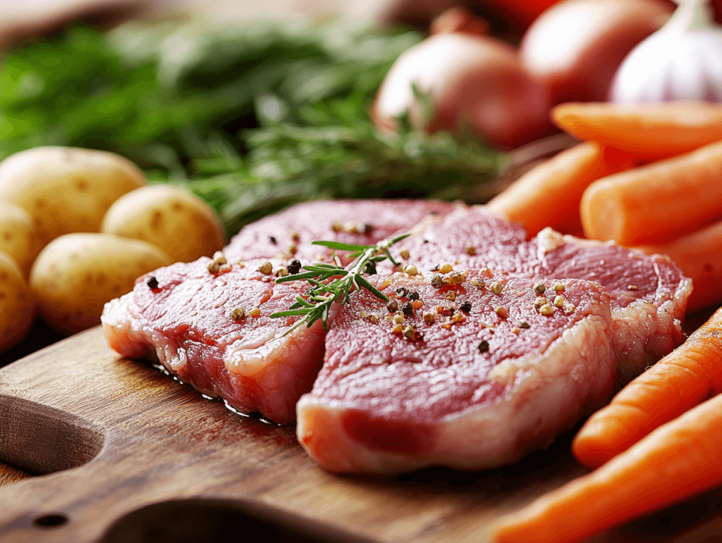 How To Make The Best Veal Stew Recipe In Just One Pot A close-up of fresh veal, carrots, onions, and potatoes arranged on a cutting board, ready for stewing.