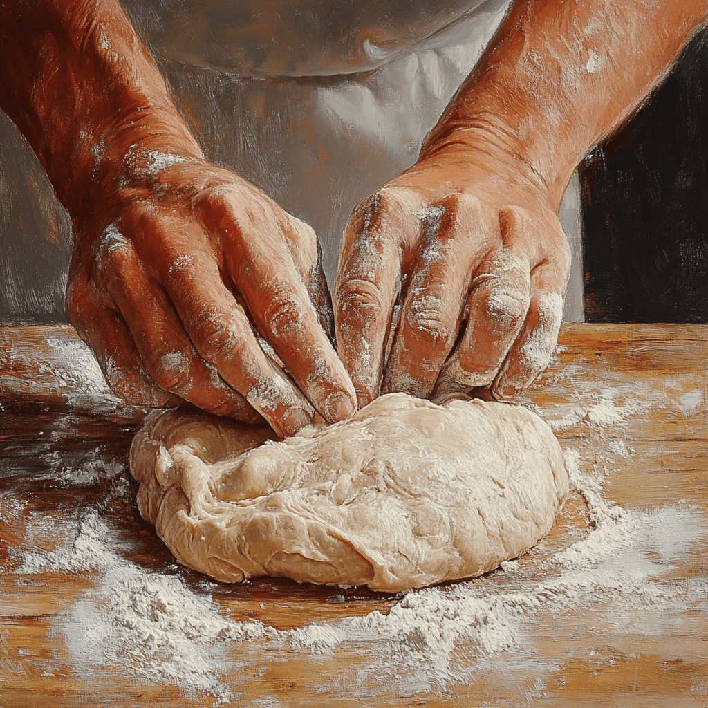 How to Make the Perfect Pizza Pie from Scratch Hands kneading pizza dough on a floured surface, showing the texture and elasticity of the dough.