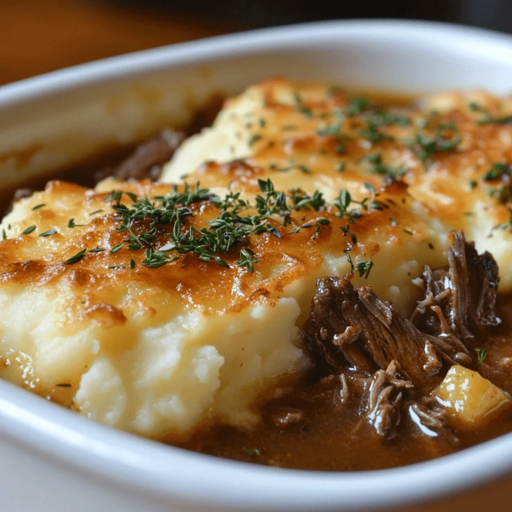 How To Make The Best Leftover Pot Roast Recipes (Easy & Quick) A baked pot roast casserole with mashed potatoes on top, golden and crispy.