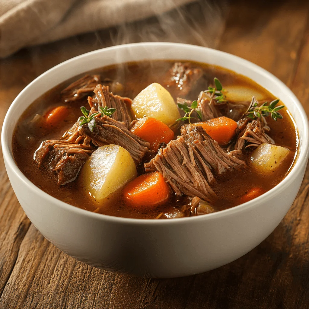 How To Make The Best Leftover Pot Roast Recipes (Easy & Quick) A comforting bowl of pot roast soup with chunks of tender beef, vegetables, and broth