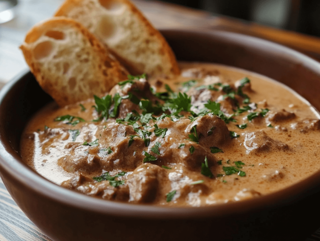 How To Make The Best Veal Stew Recipe In Just One Pot A bowl of creamy veal stew served with a side of crusty bread, garnished with fresh parsley.
