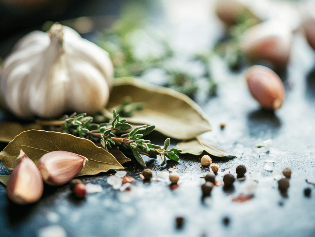 How To Make The Best Veal Stew Recipe In Just One Pot A variety of dried herbs, including thyme and bay leaves, arranged next to a small bowl of garlic cloves on a kitchen counter.