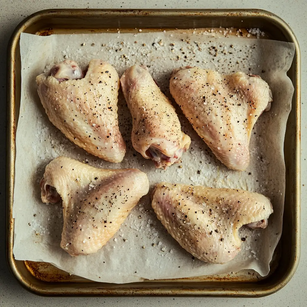 10 Reasons Why Honey Garlic Chicken Wings Are Your New Favorite Dish Chicken wings seasoned with salt and pepper, laid out on a baking tray lined with parchment paper.