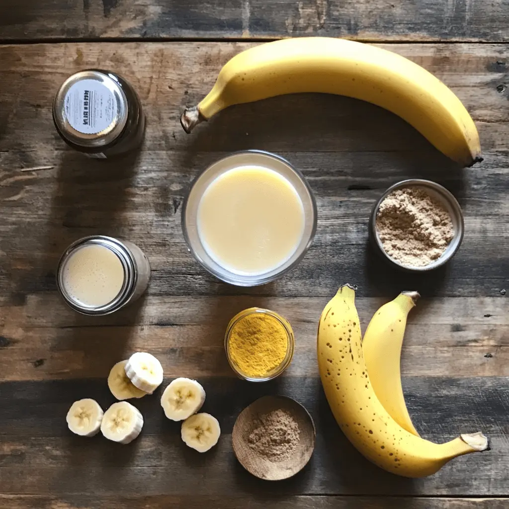 How to Make the Perfect Banana Hammock Drink at Home A table with bananas, rum, coconut cream, lime, and ice cubes arranged for making a Banana Hammock Drink.