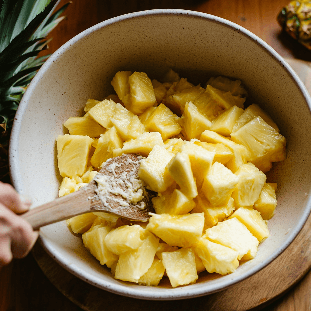 How to Make the Perfect Pineapple Casserole for Any Occasion A bowl of mixed pineapple casserole ingredients, including pineapple, cheese, and cracker crumbs, being stirred with a spoon
