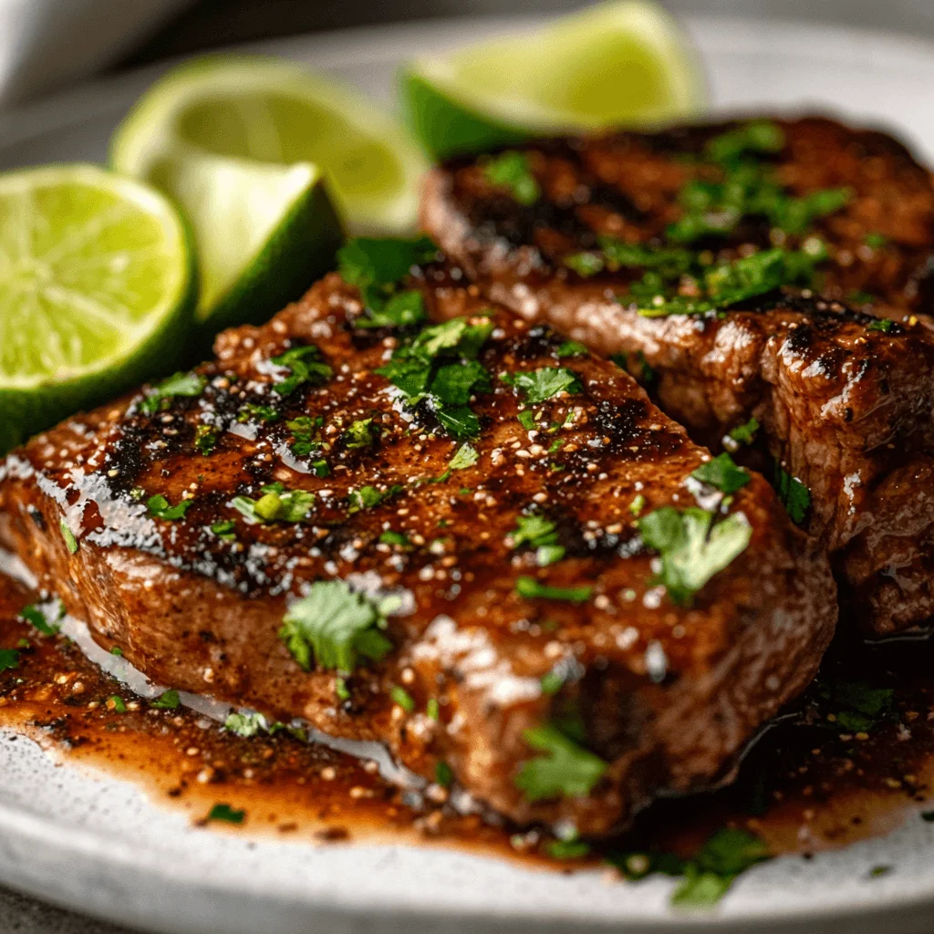 A beautifully plated chipotle steak garnished with lime wedges and fresh cilantro, ready to serve.