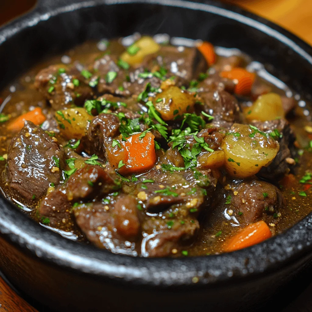 Unleash Bold Flavors with This Amazing Beef Heart Recipe A hearty stew with tender beef heart pieces simmering in a rich broth, garnished with fresh herbs.