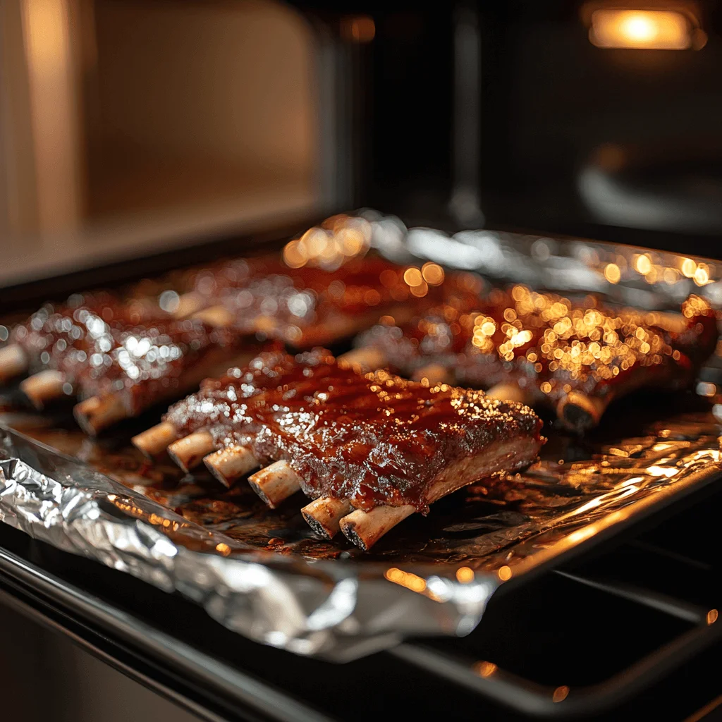 How To Make The Best Beef Back Ribs Recipe For Your Next BBQ Beef ribs being reheated in the oven on a baking tray, covered in foil.