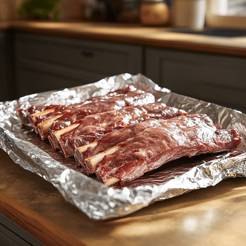 How To Make The Best Beef Back Ribs Recipe For Your Next BBQ Beef ribs wrapped in aluminum foil for storage.